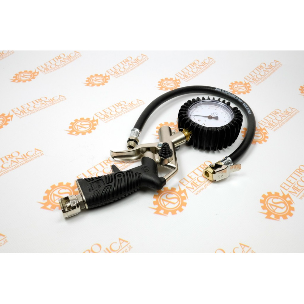 Pistola di gonfiaggio ricoperta di gomma antiscivolo con manometro Ø60 omologato CEE Pistola di gonfiaggio ricoperta di gomma antiscivolo con manometro Ø60 omologato CEE