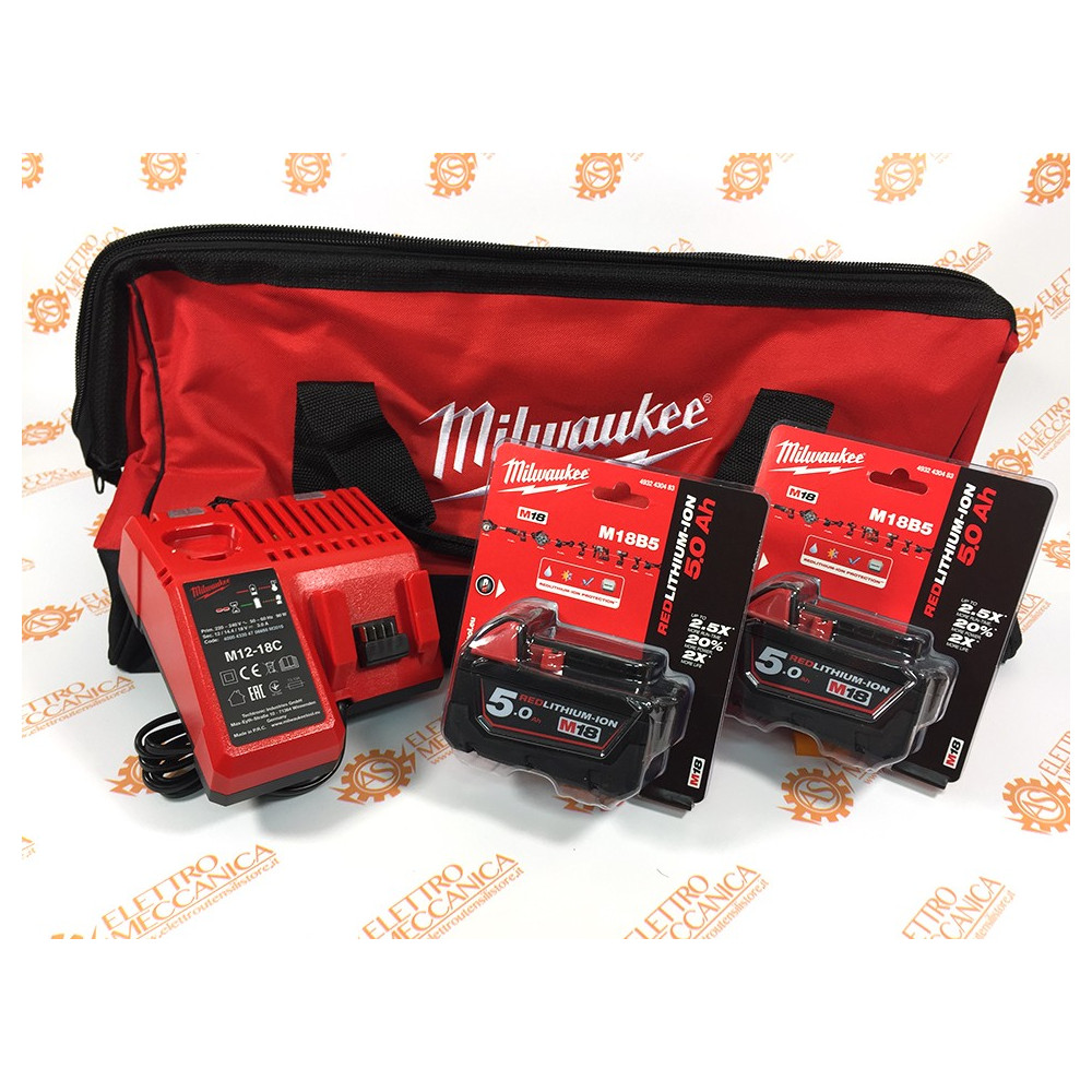 Kit Caricabatterie M12-18C + 2 Batterie 5Ah 18V + Borsa Milwaukee Kit Caricabatterie M12-18C + 2 Batterie 5Ah 18V + Borsa Milwaukee