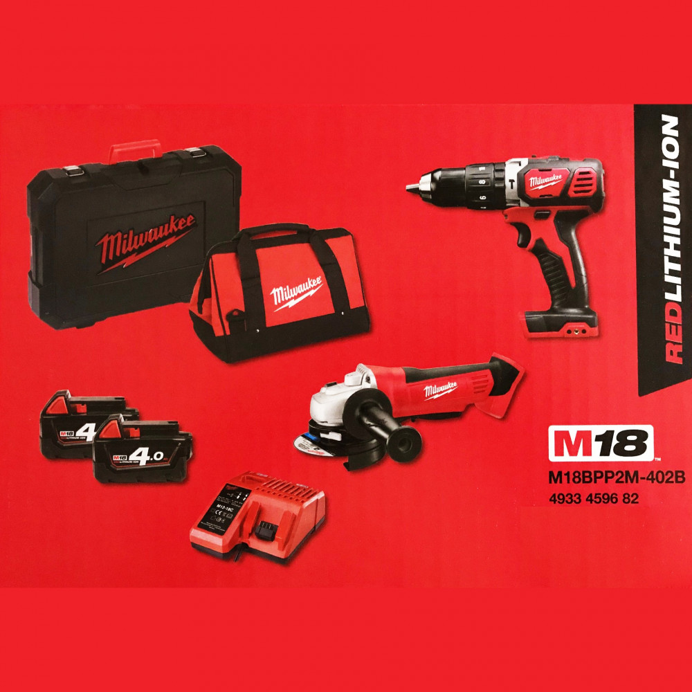 Kit 18V M18 BPP2M-402B Trapano con percussione M18 BPD + Smerigliatrice HD18 AG 115 + 2 Batterie 4Ah Milwaukee