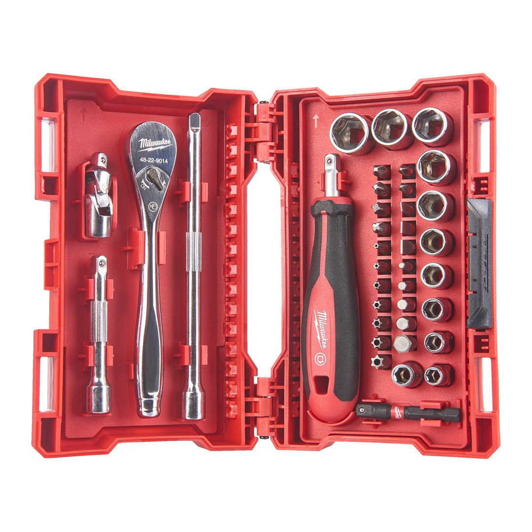 Milwaukee set di bit, ratchets and sockets 1/4" 38pc Milwaukee set di bit, ratchets and sockets 1/4" 38pc
