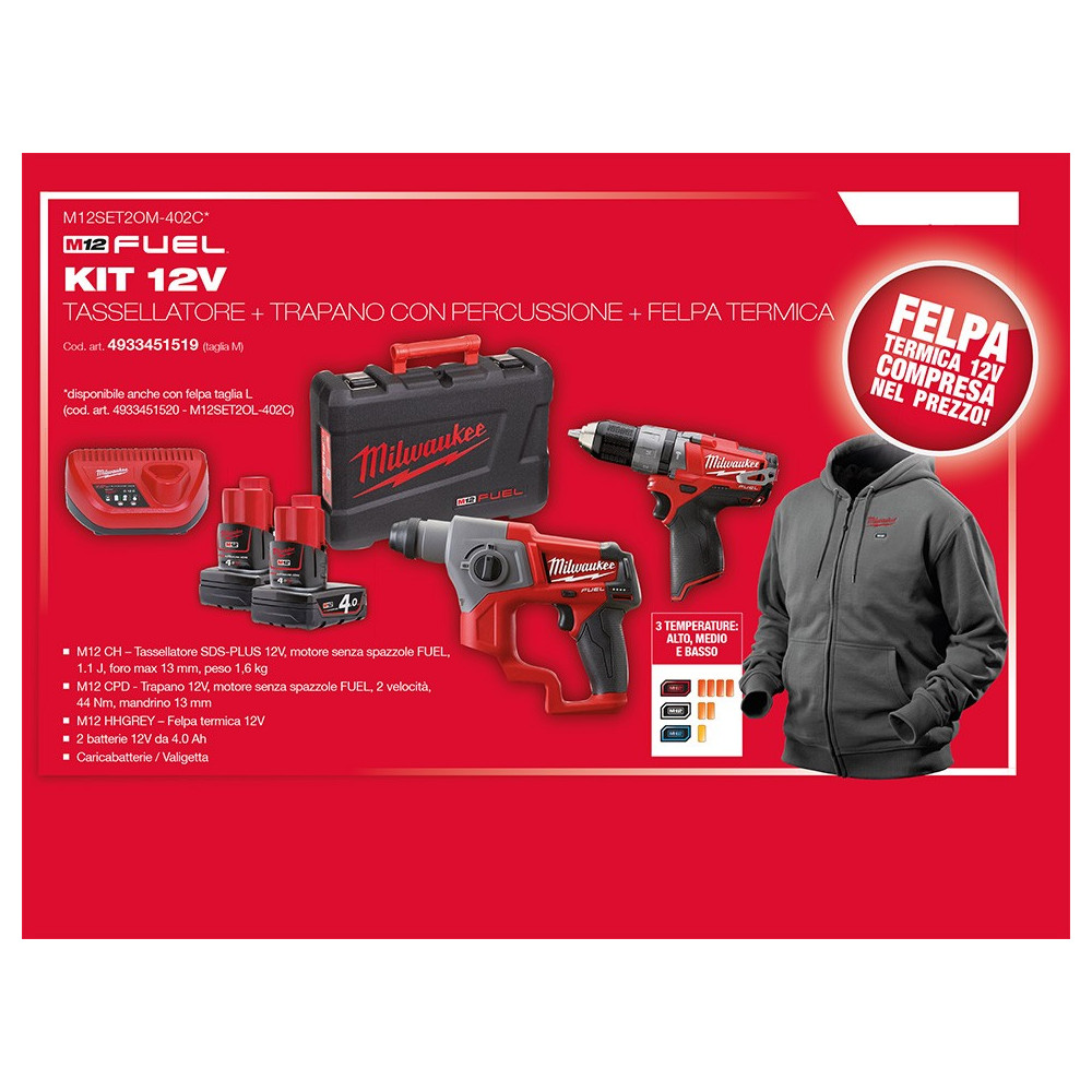 Kit 12v Tassellatore M12 CH + Trapano con percussione M12 CPD + Felpa Termica M12 HHGREY Milwaukee Kit 12v Tassellatore M12 CH + Trapano con percussione M12 CPD + Felpa Termica M12 HHGREY Milwaukee