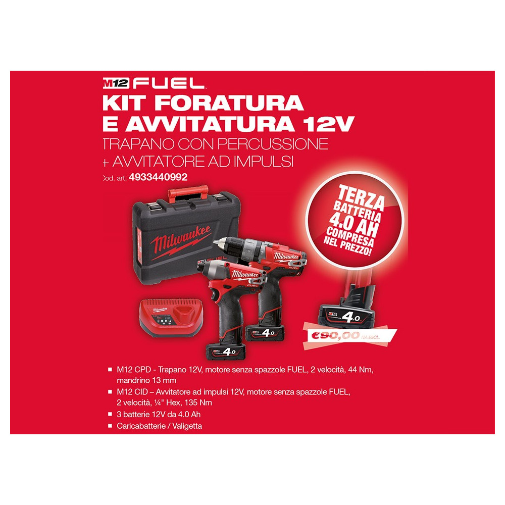 Kit 12v Trapano con percussione M12 CPD + Avvitatore ad impulsi M12 CID Milwaukee