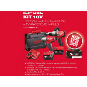 Kit 18v M18FPP2B-502X Trapano con percussione M18 FPD + Avvitatore ad impulsi M18 FIWF Milwaukee + Terza Batteria M18 Ah