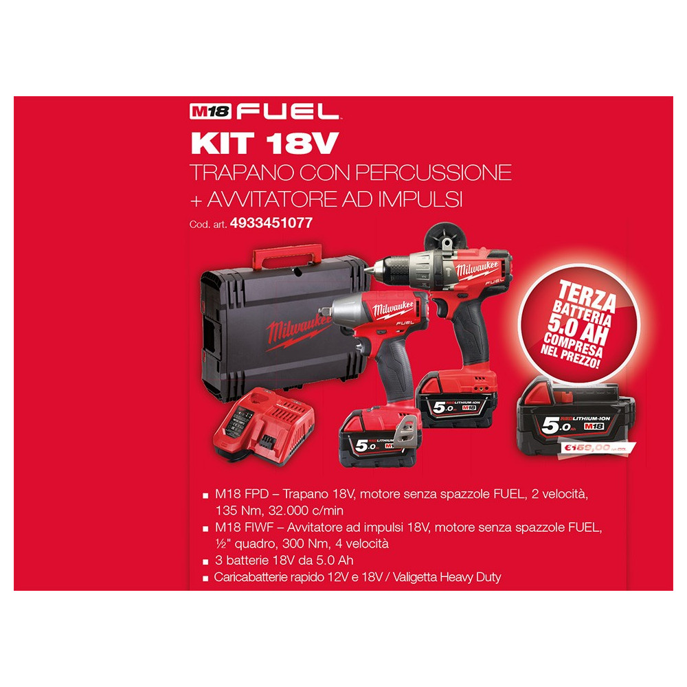 Kit 18v M18FPP2B-502X Trapano con percussione M18 FPD + Avvitatore ad impulsi M18 FIWF Milwaukee + Terza Batteria M18 Ah