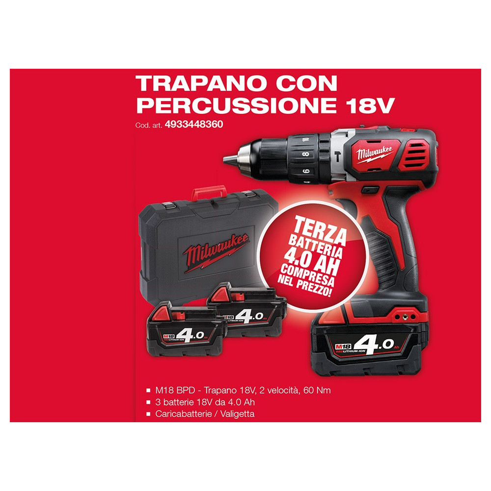Trapano Con Percussione M18 BPD-403C Milwaukee + Terza Batteria M18 - 4 Ah Trapano Con Percussione M18 BPD-403C Milwaukee + Terza Batteria M18 - 4 Ah