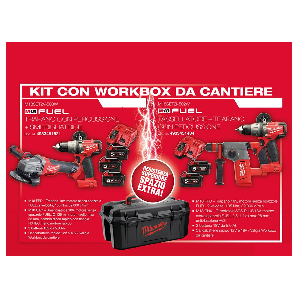 Kit 18v M18FPP2B-502X Trapano con percussione M18 FPD + Avvitatore ad impulsi M18 FIWF Milwaukee + Terza Batteria M18 Ah Kit 18v M18FPP2B-502X Trapano con percussione M18 FPD + Avvitatore ad impulsi M18 FIWF Milwaukee + Terza Batteria M18 Ah