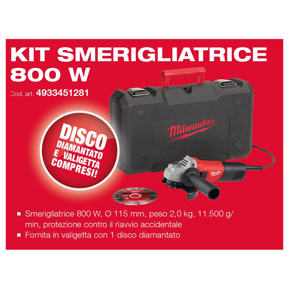Kit Smerigliatrice Angolare AG800/115 D-Set Milwaukee Kit Smerigliatrice Angolare AG800/115 D-Set Milwaukee