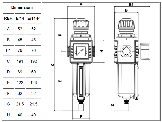 Filtro regolatore di pressione modulare con bicchiere in tecnopolimero E/14