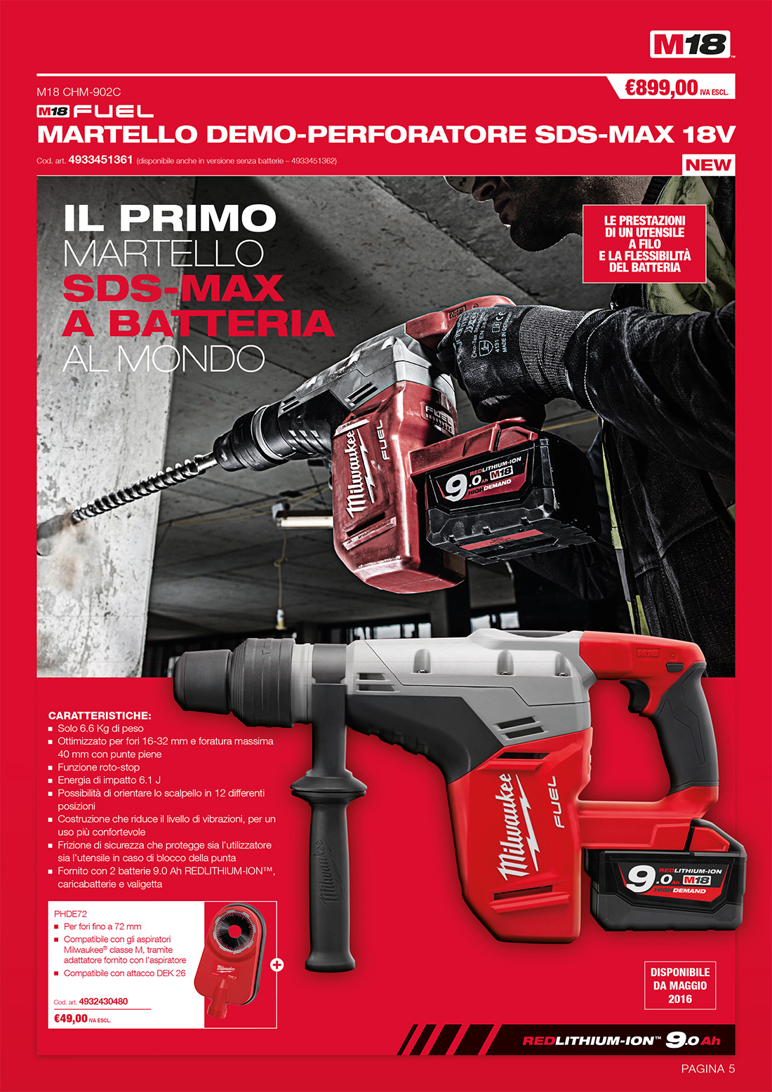 Martello demo-perforatore Milwaukee M18 CHM-902C Fuel SDS-MAX n.2 Batterie 9Ah