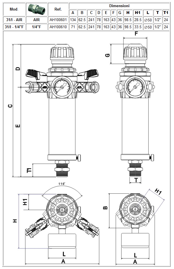 Regolatore di pressione con filtro e manometro 31I 2 AIR - Dati Tecnici