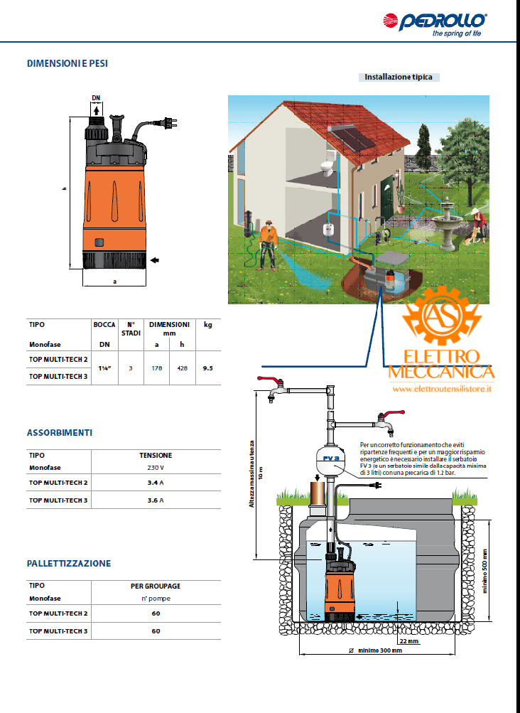 Elettropompa Sommergibile MULTIGIRANTE Monofase 0.55KW 0.75HP TOP MULTI-TECH 2 Pedrollo con Presscontrol integrato cavo 10mt