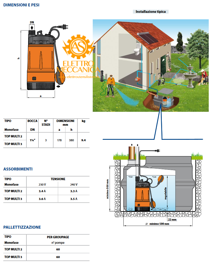 Elettropompa Sommergibile MULTIGIRANTE Monofase 0.55KW 0.75HP TOP MULTI 2 Pedrollo cavo 5mt